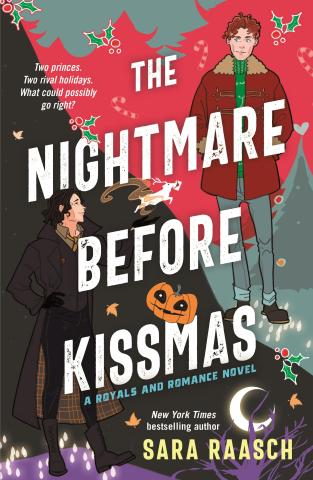 Two men are shown on the cover the book, one in winter clothing and other wearing all black and long cloak. The cover is divided diagonally with one side red and green and decorated with trees and holly and the other side black and decorated with a jack-o-lantern, moon, and fall leaves. The title "The Nightmare Before Kissmas" sits prominently over most of the cover.