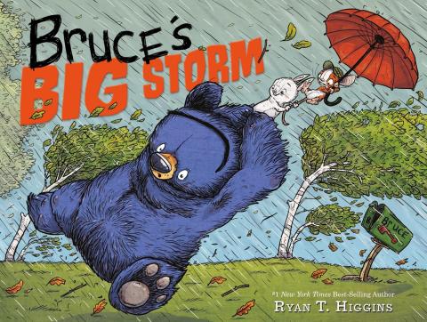 A black bear is stuck in a storm. He is holding onto woodland critters to keep them from being swept away. Leaves and trees shake in the wind.