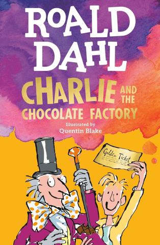 A man in a suit and top hat, holds a cane. Next to him is a small boy who holds a golden ticket and a bar of chocolate.