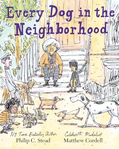 A young boy sits on the porch stairs with his grandma. They look at the street full of people walking all kinds of different dogs.