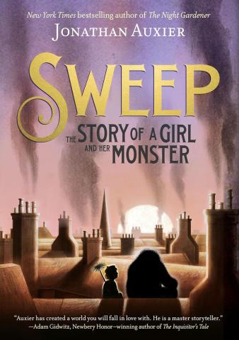 A young girl and a monster sit on a rooftop at sunset. Each home has smoke puffing out of their chimneys.