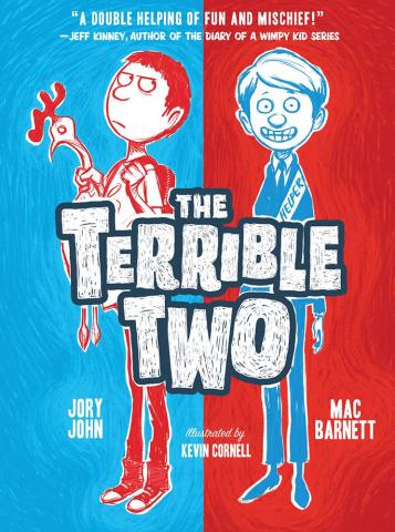 One boy is drawn in red against a blue background. He look grumpy and holds a rubber chicken. Another boy is drawn in blue against a red background. He is happy and dressed in a suit.