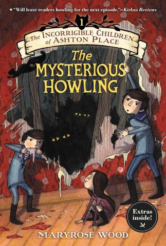 Three kids, two boys and one girl, stand in the hallway in front of a giant whole in the wall. One boy has ripped down some wallpaper and is eating it. The girl is crouching and howling. The other boy is looking at them both with concern. In the hole in the wall, yellow eyes peer out of the darkness.