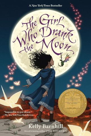 A young girl stands on the edge of a cliff as the wind blows her hair and dress. She stands in front of the full moon and a tiny dragon flies by her.