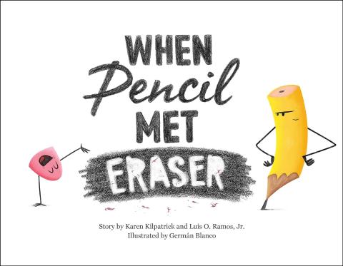A grumpy pencil stares angrily at a happy, dancing eraser.