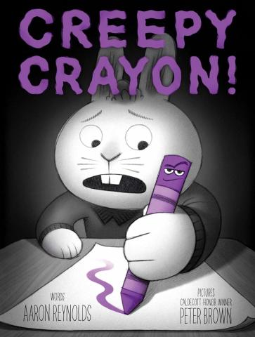 A young rabbit draws with a crayon with a horrified expression directed at the crayon. The image is in black and white, with only the title and crayon in purple.