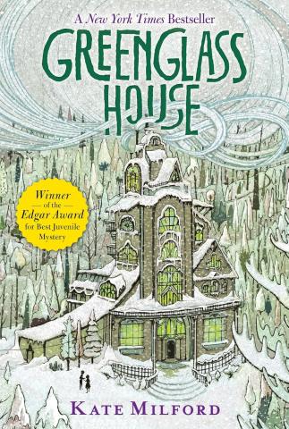 A large mansion with green glass windows, is in the middle of a forest. It is surrounded by a blizzard of snow. Two kids can be seen talking in front of the house.