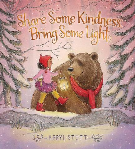A forest scene during the winter. A young girl holding a lantern and a bear wearing a scarf walk through the snow.