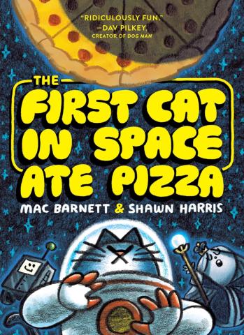 A cat in a space suit floats in space. Above him is a giant pizza. A robot and queen float beside him.