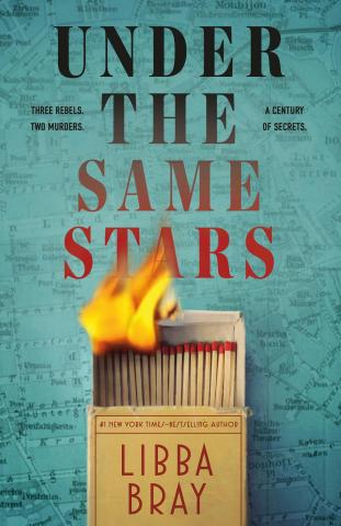 A blue background that is a map of a city with the title, "Under the Same Stars" written from the top to the middle in an ombre going from black to red. Beneath the title is a full book of matches with about half of the matches lit. Flames are coming out of the box and covering part of the title of the book. 