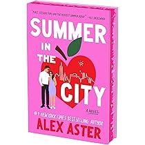 A hot pink book with sprayed edges. The cover has a heart shaped apple with a city skyline on it. A man and woman stand in front of the heart. The title, "Summer in the City" is displayed over most of the cover of the book in white letters.