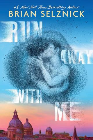 The bottom of the cover has the city skyline of Rome. Above it a large flock of birds gather to create the image of two people embracing. The title, Run Away With Me, is spread out around this image. 