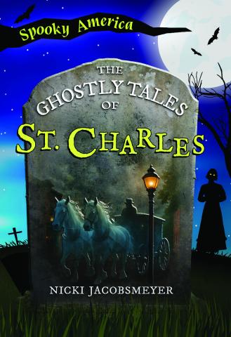 The background is a night sky with a full moon. The foreground has a large gravestone that says "The Ghostly Tales of St. Charles"
