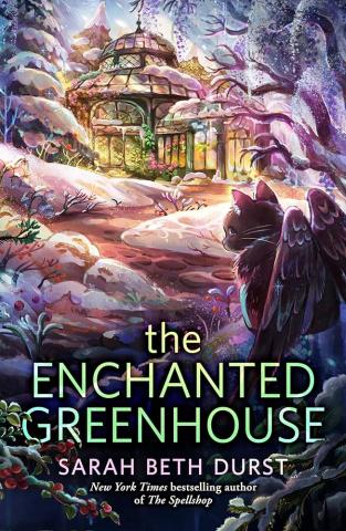 A snowy forest landscape surrounds a trail leading to a bright greenhouse. The title of the book, The Enchanted Greenhouse, is at the bottom of the image. 