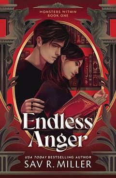 A book cover in mostly red and grey tones. There is an image of a man and woman reading a book together in the middle of the cover. They are standing in front of a bookshelf. The edges are decorated with ornate columns. The title, Endless Anger, is positioned just under the couple.
