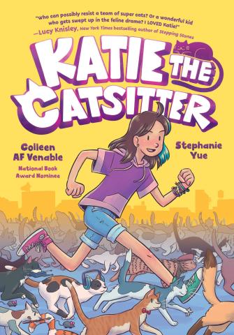 A young girl runs, surrounded by hundred of quirky cats.