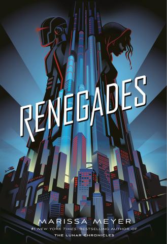 A city of sky scrapers. A robot is on the left. A woman in a hood is on the right.