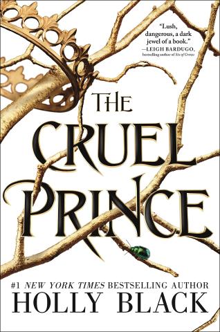 Golden branches hold a golden crown. A single green beetle is on a branch.