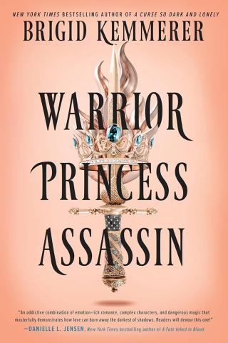 Image of a book with a pale peach background, an ornately decorated short sword, and a crown with jewels and metal flames. The title of the book, Warrior Princess Assassin, is superimposed over the image. 