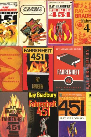 book cover showing a variety of Fahrenheit 451 covers over the years