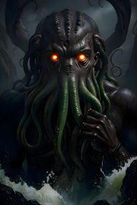 Cthulhu rising from the ocean's waves as described in H.P. Lovecraft's mythos