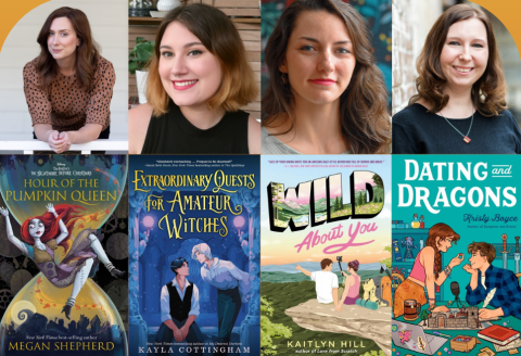 Images of four authors over the covers of one of each of their books. 