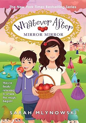 This book cover features two children front and center. One is a girl wearing a white shirt and pink skirt, holding a basket of apples, the other is a boy wearing blue jean shorts and a blue hoodie eating an apple. Around them are fairy tale images like a castle, princesses in ball gowns, a pond with a mermaid tail and a frog with a crown, and three gnomes or dwarves.