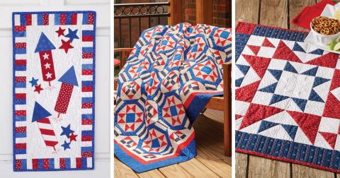 An image containing three pictures with different red white and blue quilted items. One is a wall hanging with fireworks on it, one is a quilted bedspread, and one is placemat or large coaster. 