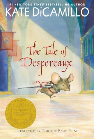 A small mouse carries a needle like a sword, as he runs through a castle hallway.
