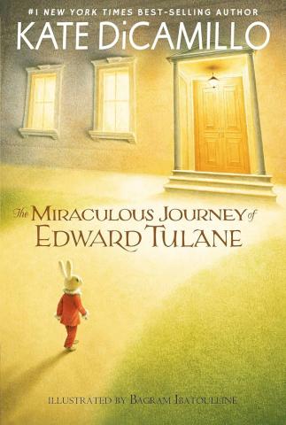 A bunny in red pajamas gazes up at a well-lit door and windows. 