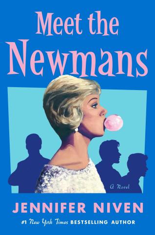 A blue book cover with a woman on the front blowing a bubble of pink bubble gum.