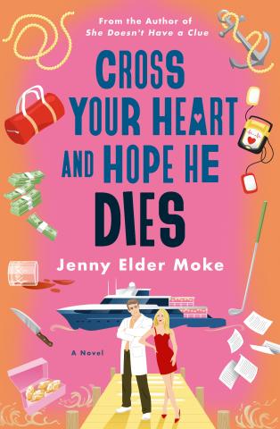 A bright pink and orange book cover with a yacht, surrounded by a variety of items like a rope, a knife, money, an anchor, a golf club, a man and woman, and more. 