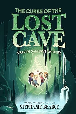 A book cover in mostly shades of green that shows four kids exploring a cave. 