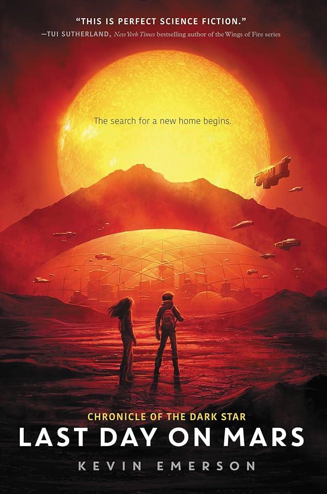 A boy and girl stand on Mars, with a shielded city in the distance