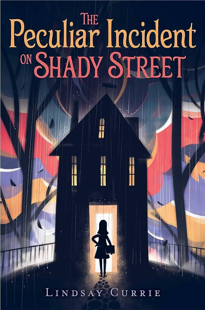 A woman stands in the doorway of a scary house on a stormy night