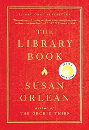 read cover with the words The Library Book in gold