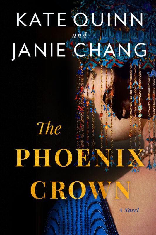 Profile of a woman's face with a fringed and beaded headpiece on. The authors' names are at the top, and the title of the book, The Phoenix Crown, is at the bottom of the image.  