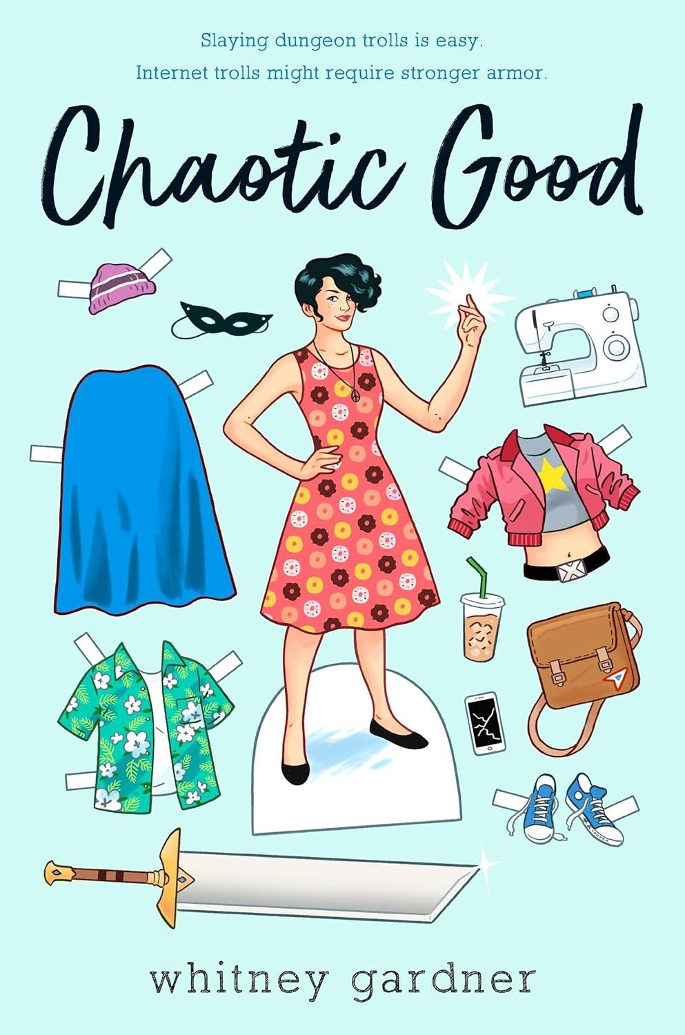 A paper doll woman in a dress and short black hair. Around her are paper clothes and accessories.