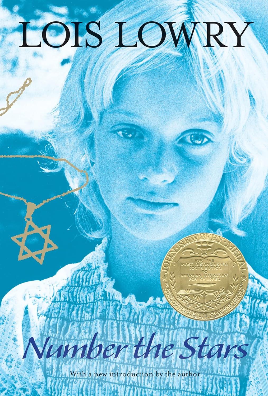 The cover is in shades of blue, white, and gold. A young girl looks solemn on the cover, and a star of David necklace is beside her.