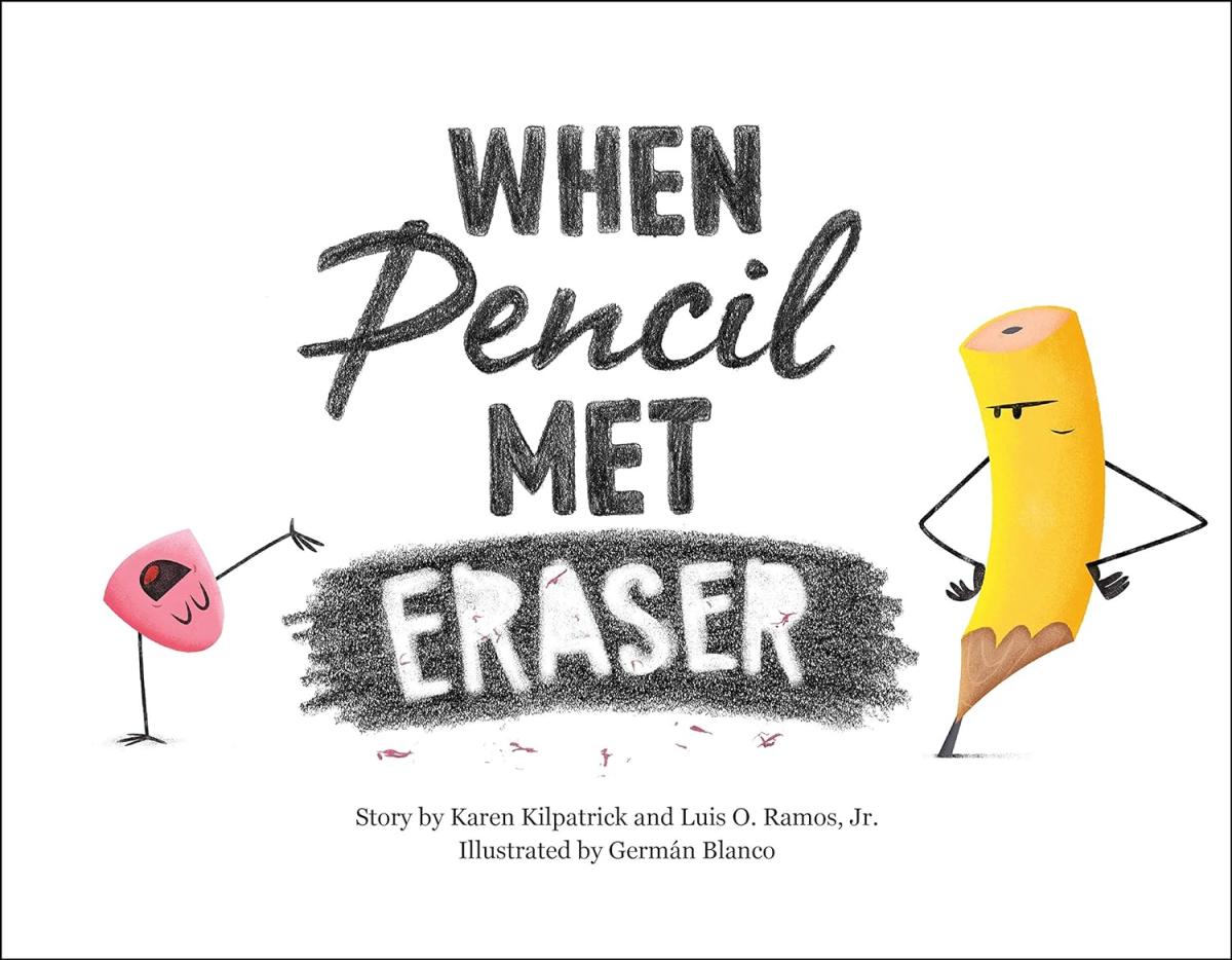 A grumpy pencil stares angrily at a happy, dancing eraser.