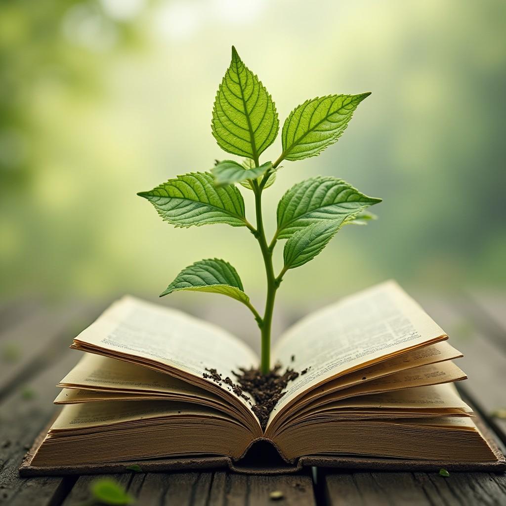 open book with a plant growing out of it