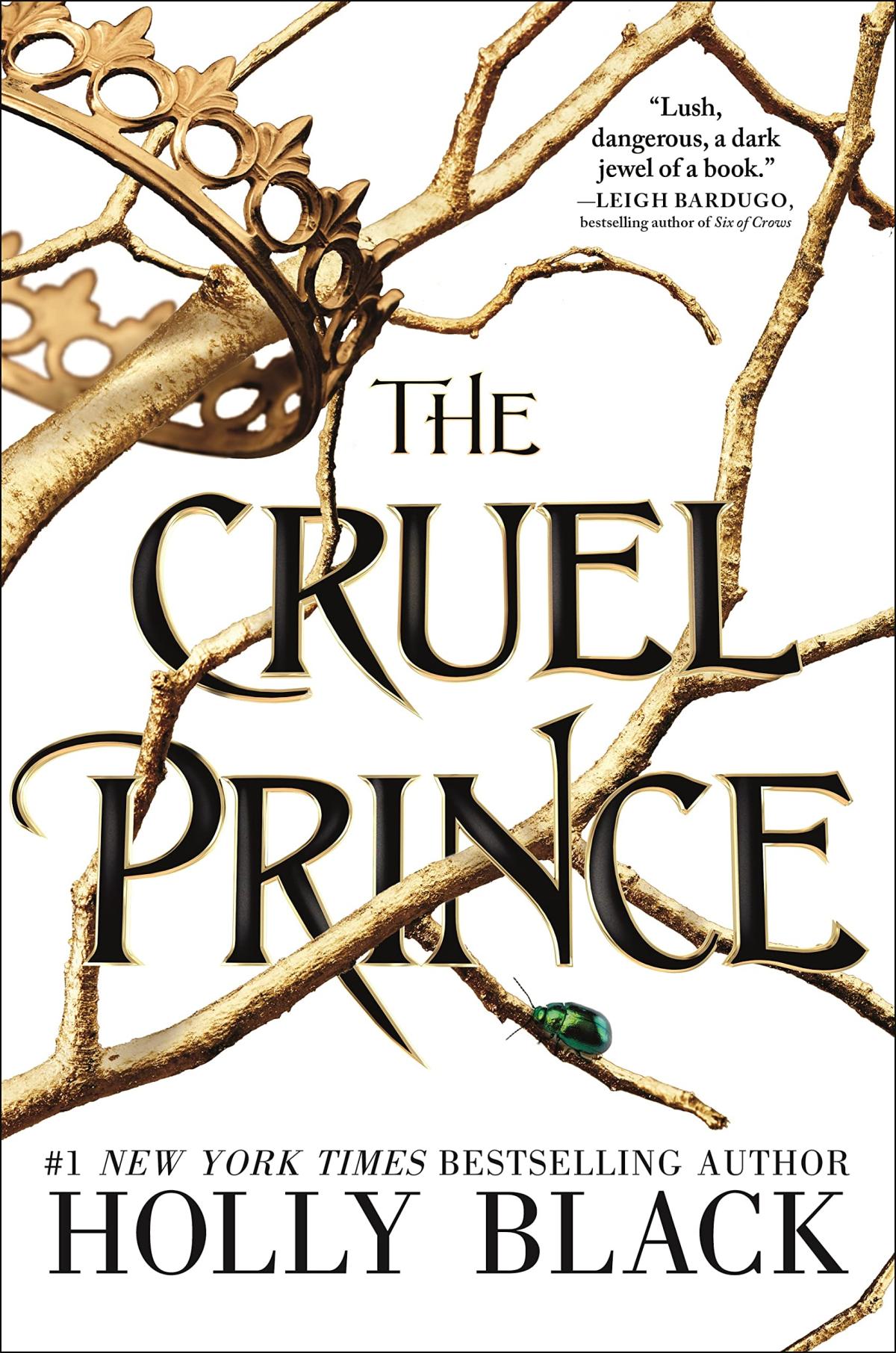 Golden branches hold a golden crown. A single green beetle is on a branch.