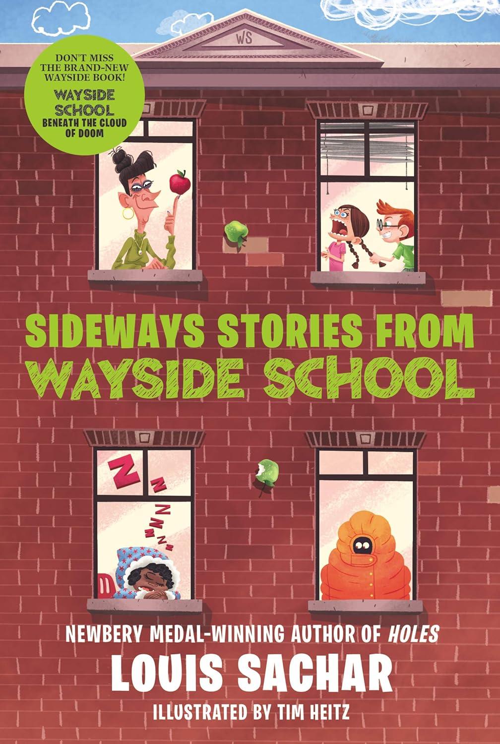 A brick school with four windows. Each window has a student or teacher in it.