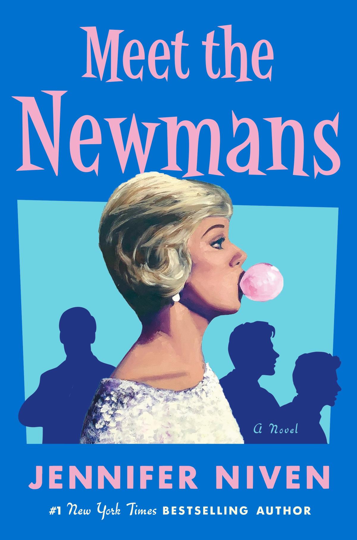 A blue book cover with a woman on the front blowing a bubble of pink bubble gum.